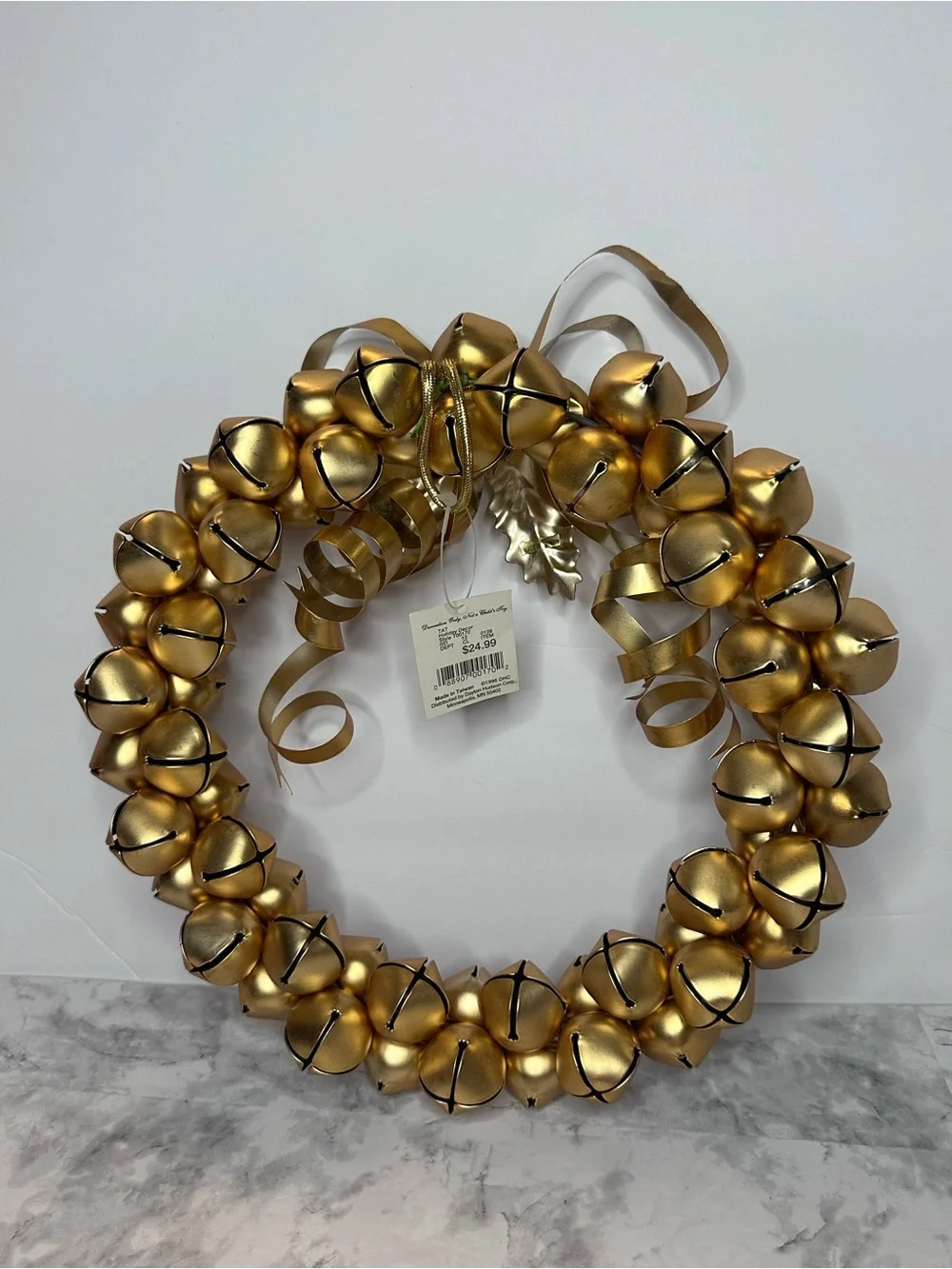 Festive Gold Jingle Bell Wreath with Bow